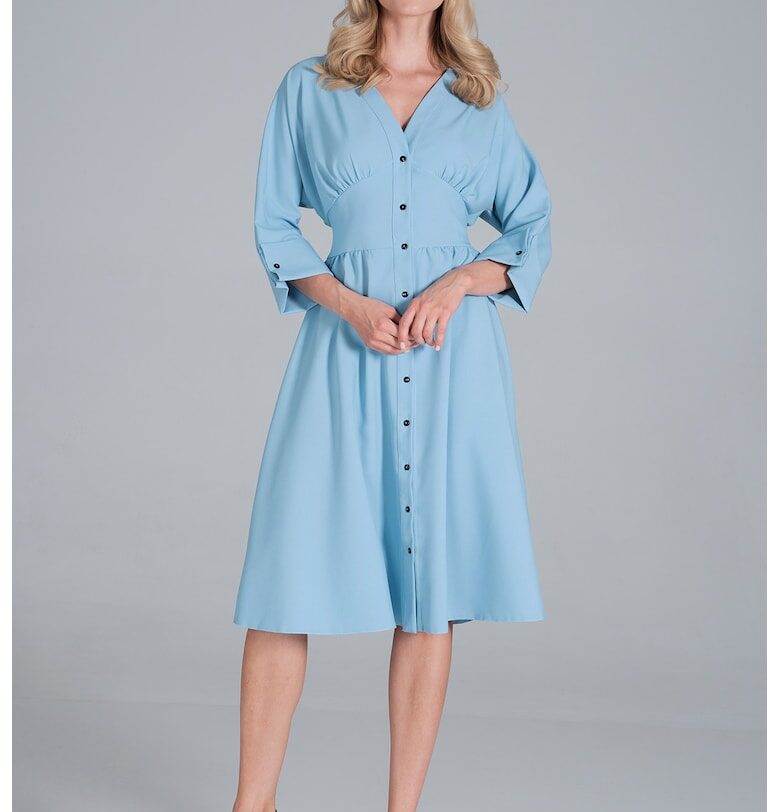 Миди рокля  синя - с 3/4 ръкав - с копчета - от полиестер Figl