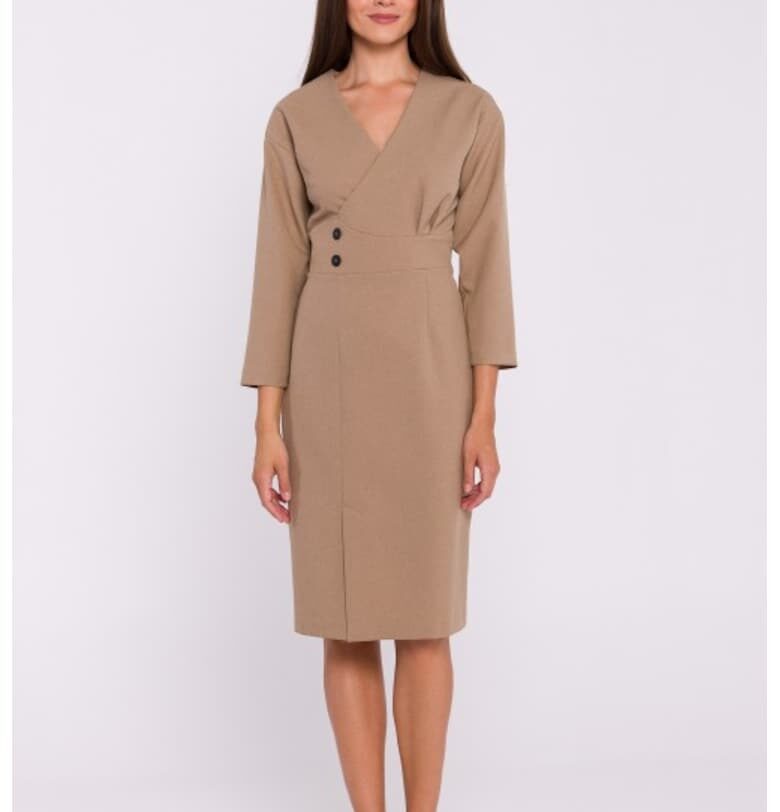 Миди рокля тип молив с декоративни копчета  Бежов Stylove