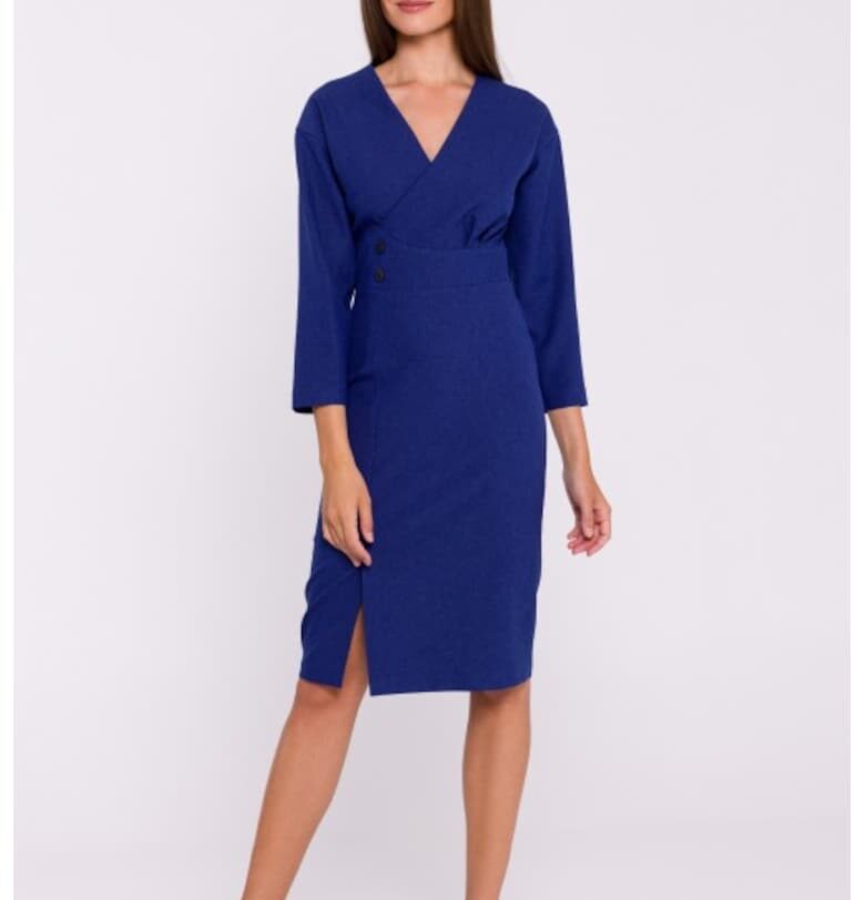 Миди рокля тип молив с декоративни копчета -  синя - Stylove