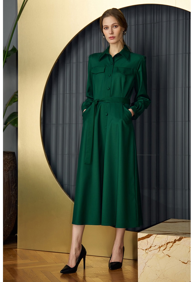 Миди рокля тип риза с джобове - Зелен Noria Anis