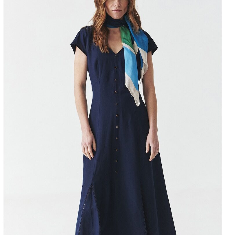 Миди шпиц рокля с лен - Тъмносин Tatuum