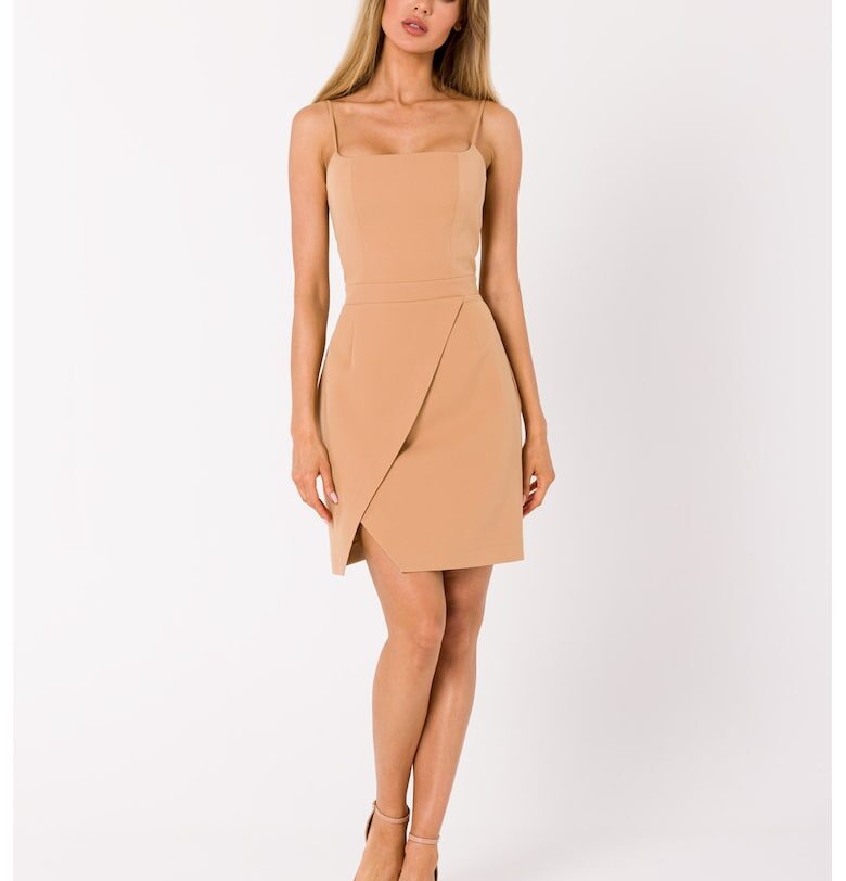 Мини коктейлна рокля с тънки презрамки - Карамел MOE