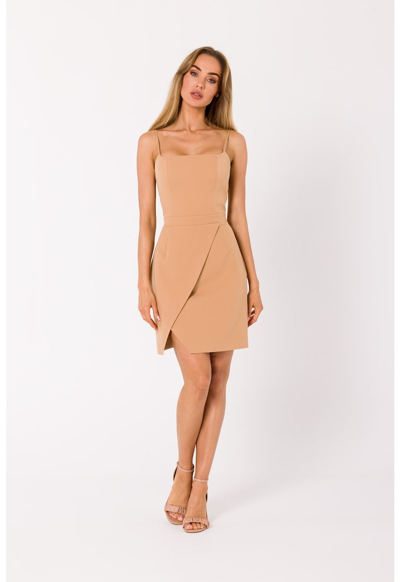 Мини коктейлна рокля с тънки презрамки - Карамел MOE