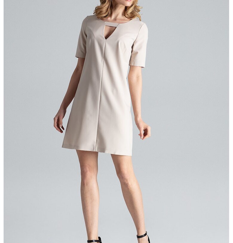 Мини рокля  бежова - елегантна - дълбоко деколте - полиестер Figl