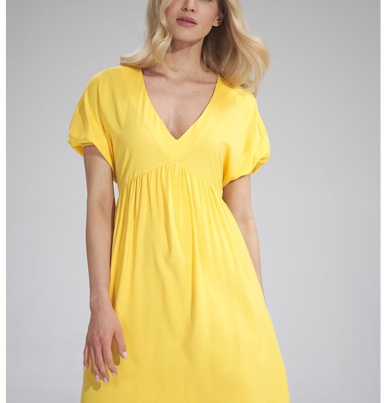 Мини рокля  жълто - V-образно деколте - лятна рокля - вискоза Figl