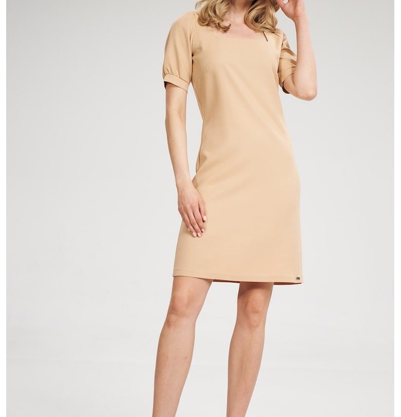 Мини рокля  квадратно деколте - къс ръкав - бежово - полиестер Figl