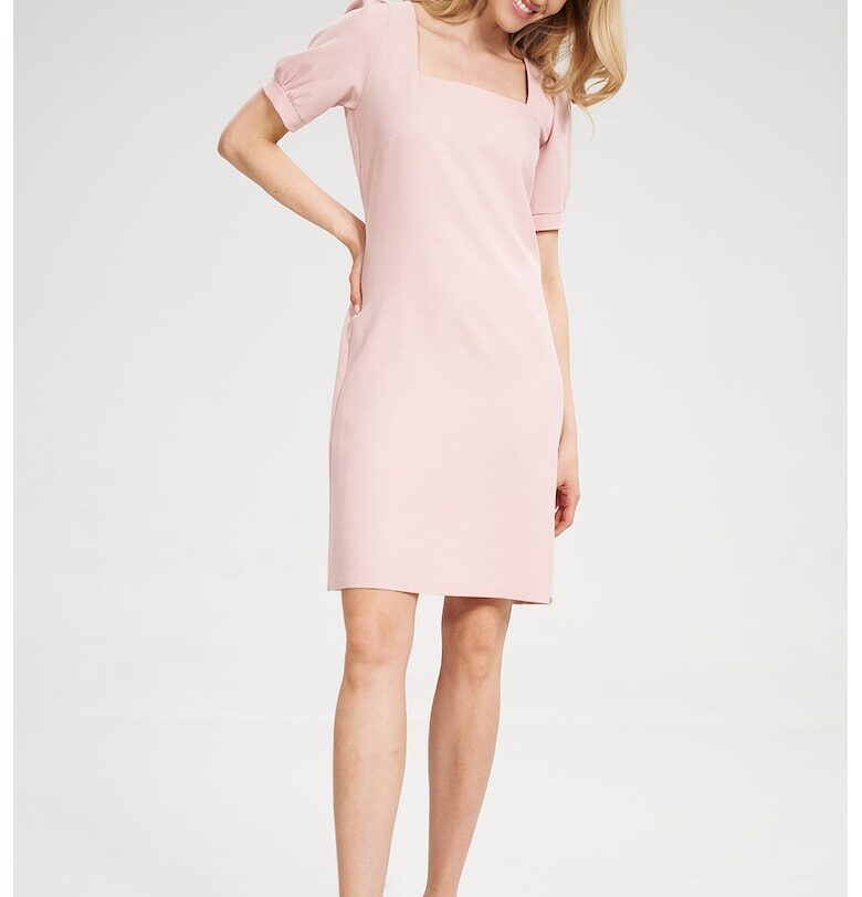 Мини рокля -  розова - квадратно деколте - къс ръкав - полиестер Figl