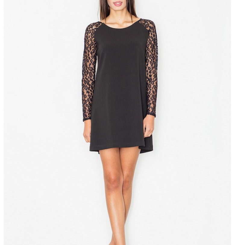 Мини рокля -  черна - с дантелени ръкави - елегантна - полиестер - Figl