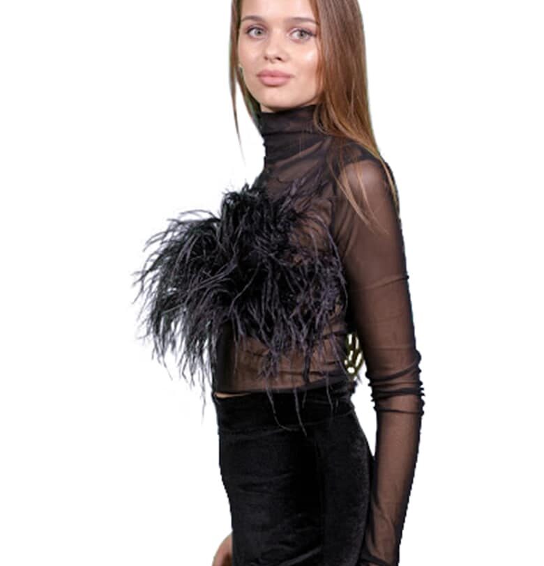 Мрежеста блуза с пера - Черен UVIA