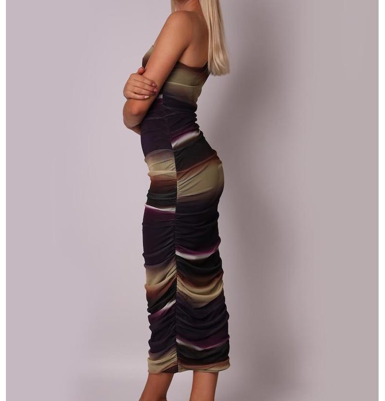 Миди рокля от мрежа с едно рамо и абстрактен принт RT281 - Слива Ax Paris