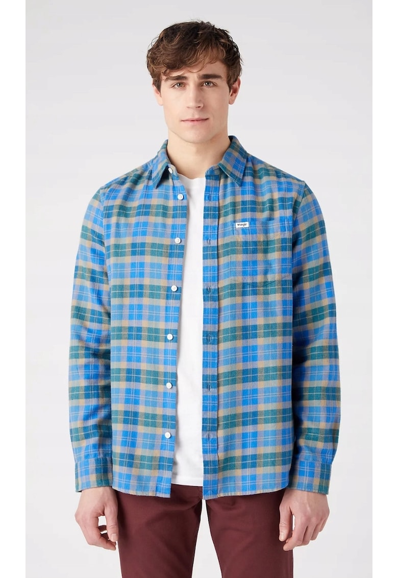 Мъжка риза - модел We Care - стандартна кройка - синьо-бежово-зелено каре - 100% памук - Wrangler