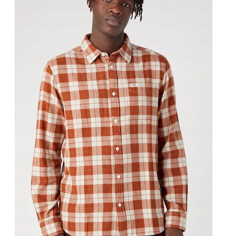 Мъжка риза -  с 1 джоб - карирана - кафява - кожена - стандартна кройка - Wrangler