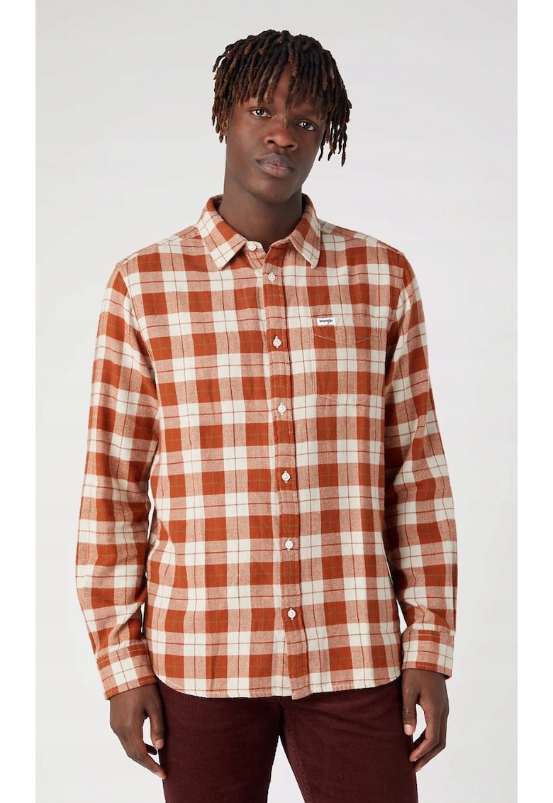 Мъжка риза - с 1 джоб - карирана - кафява - кожена - стандартна кройка - Wrangler