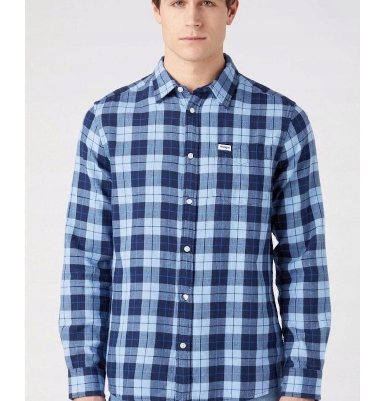 Мъжка риза  стандартна кройка - каре - памук - синя - Wrangler