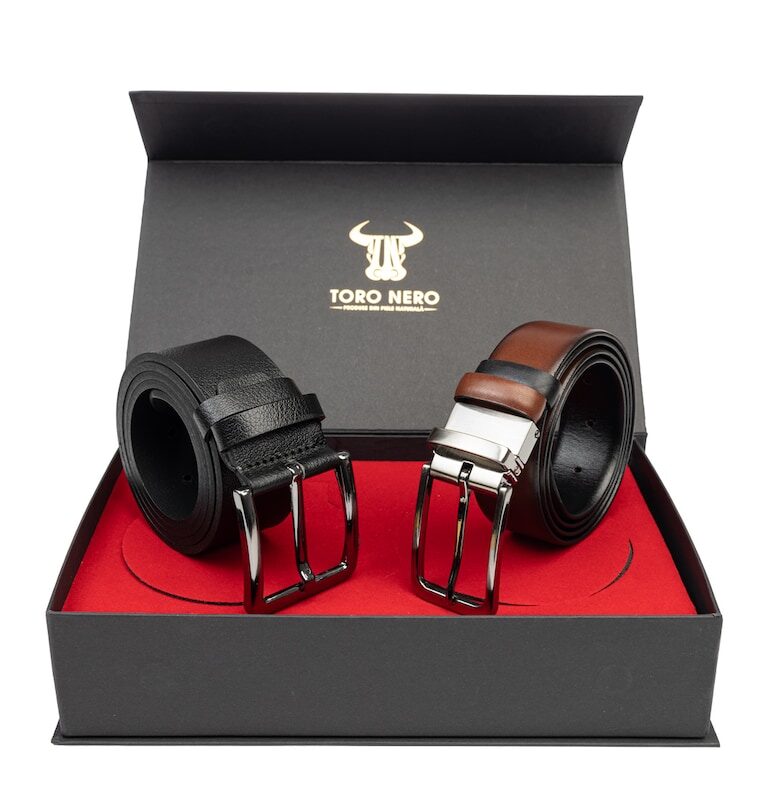 Мъжки комплект естествена кожа ежедневен+елегантен черно-кафяв колан Verso-Modern Night Toro Nero