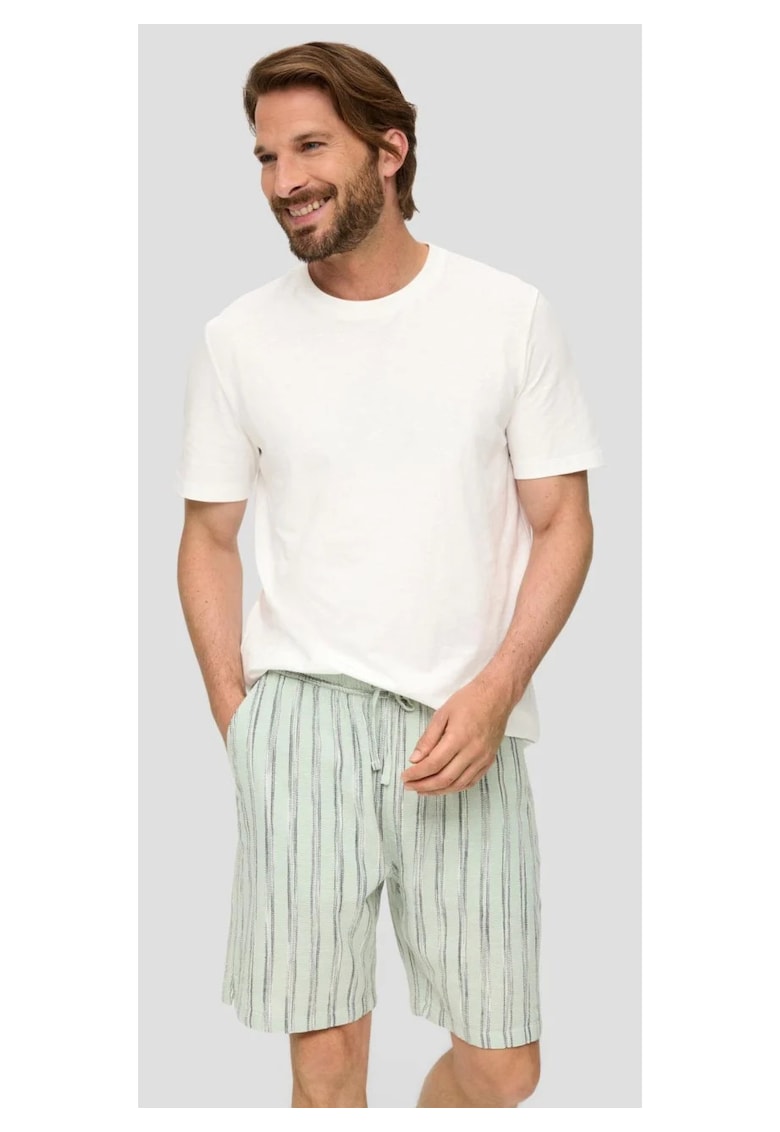Мъжки къси панталони от смес от памук и лен - с щампа на райета - Ментово зелено sOliver