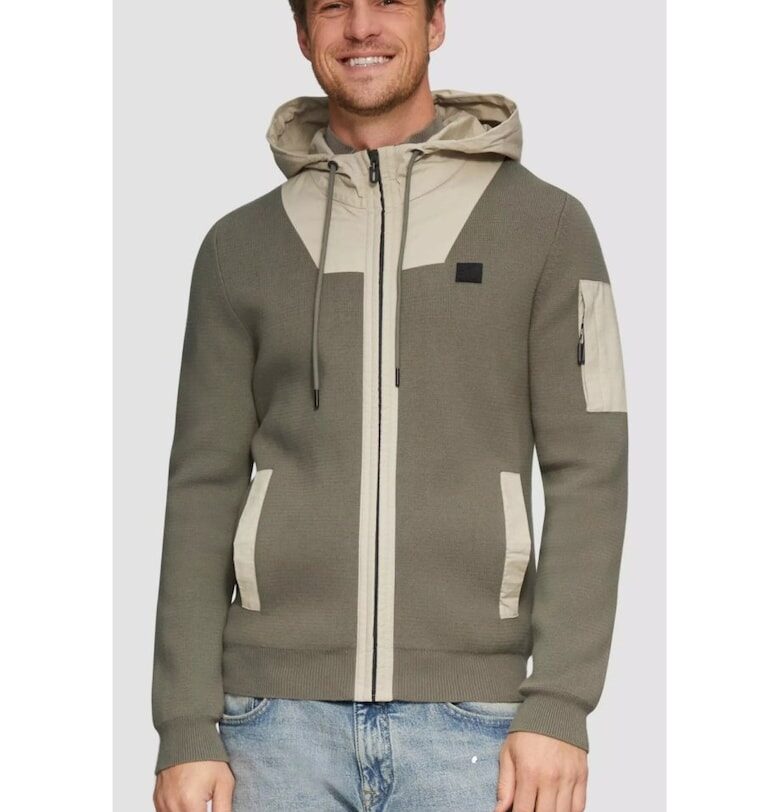 Мъжки памучен кардиган  с качулка и наклонени джобове - Маслинено зелено sOliver