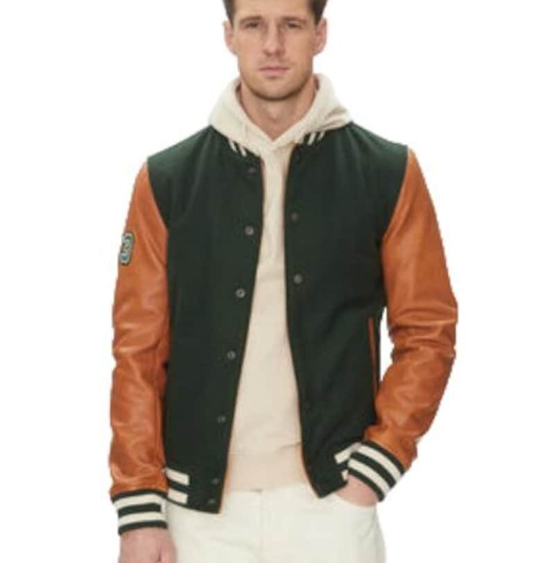 Мъжко яке -  Varsity Bomber - естествена кожа - зелено - кафяво Serge Pariente
