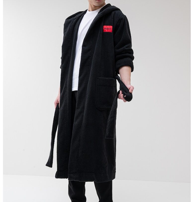 Мъхест памучен халат с качулка - Черен HUGO