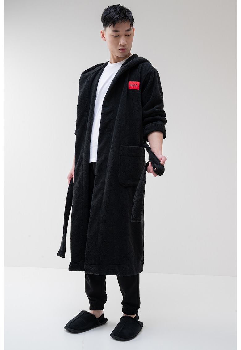 Мъхест памучен халат с качулка - Черен HUGO