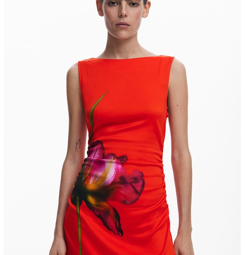 Набрана рокля без ръкави - Аленочервен DESIGUAL