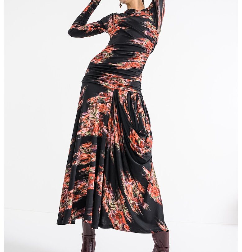 Набрана флорална рокля - Черен/Аленочервен GANNI