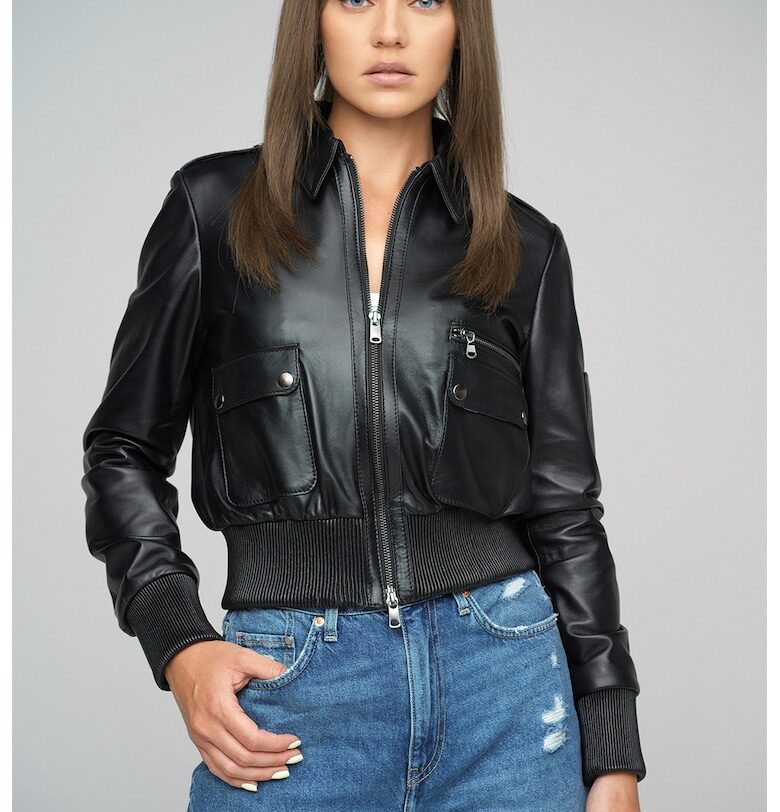 Олекотено кожено яке с джобове отпред - Черен AA Vesa