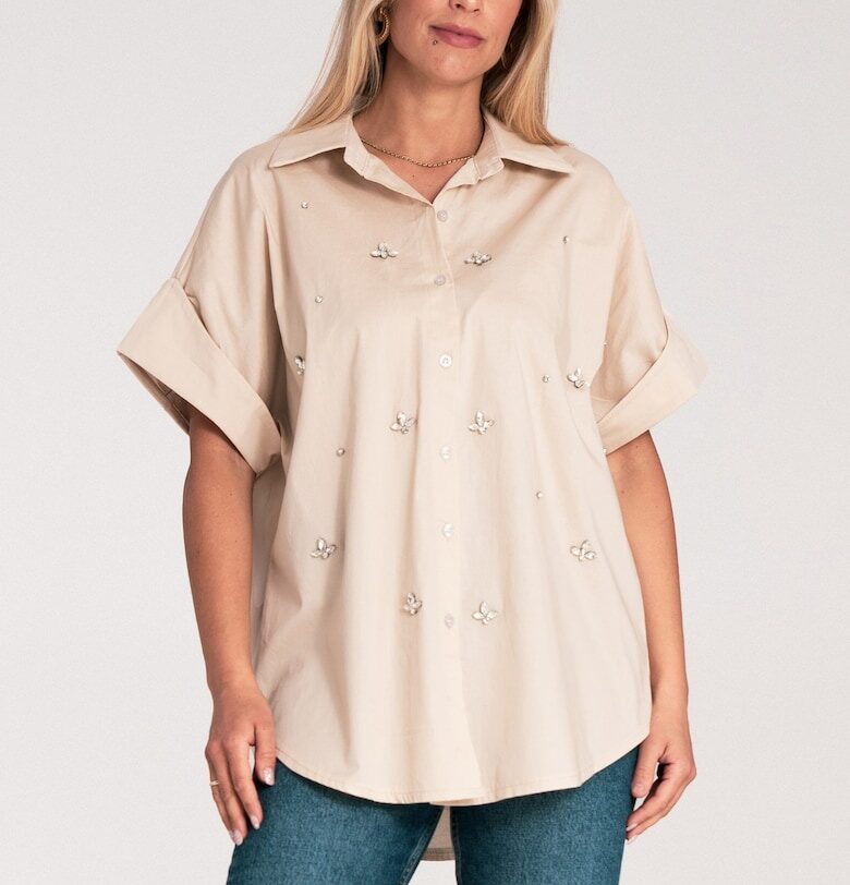 Оувърсайз риза  бежова - с декоративни апликации - памук - къс ръкав - SM Figl