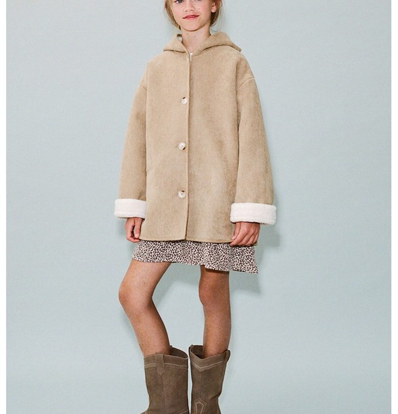 Палто от еко вълна с качулка - Бежов Mango