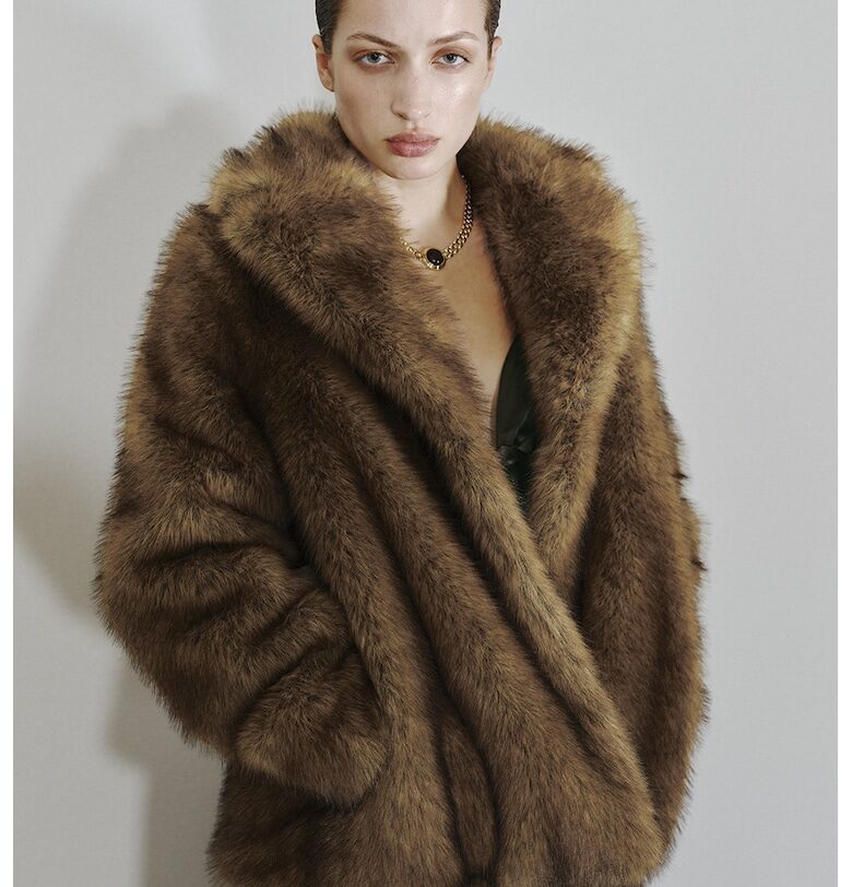 Палто от еко пух с широки ревери - Светлокафяв Mango