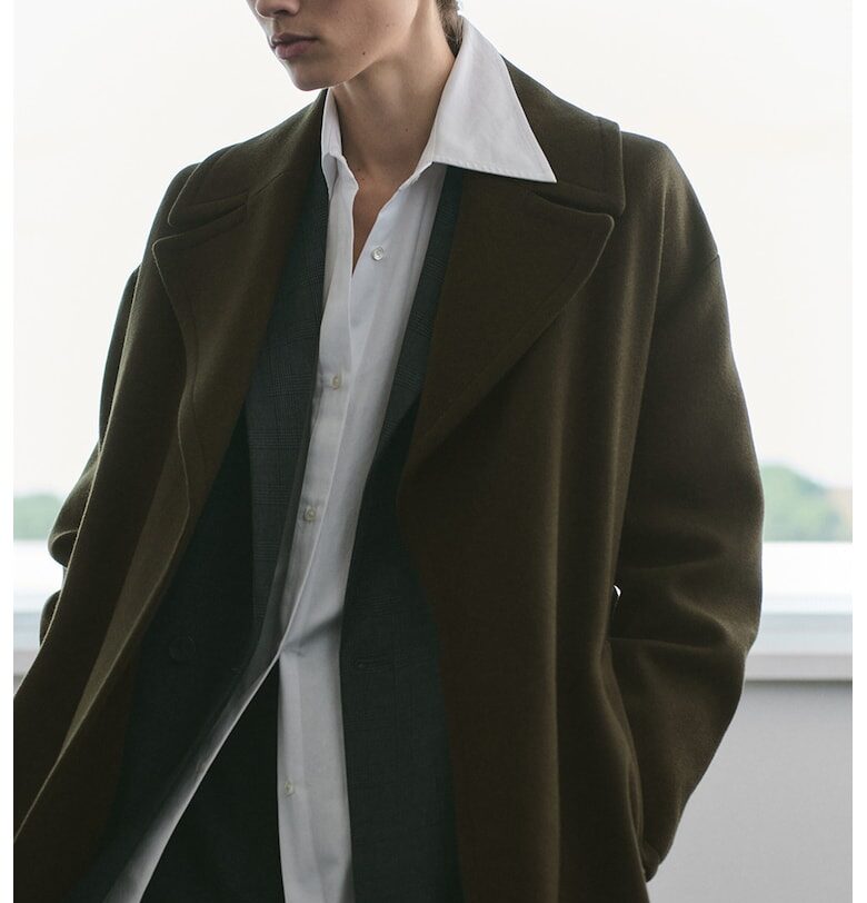 Палто с вълна - Тъмно каки Mango