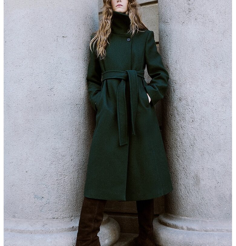 Палто с вълна и връзка - Тъмнозелен Mango