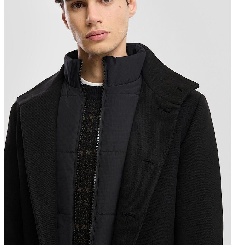 Палто с вълна и капитониран елемент - Черен QS