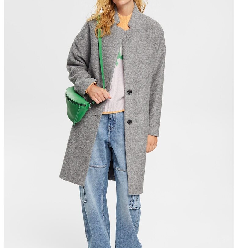 Палто с вълна и паднали ръкави - Сив меланж Esprit