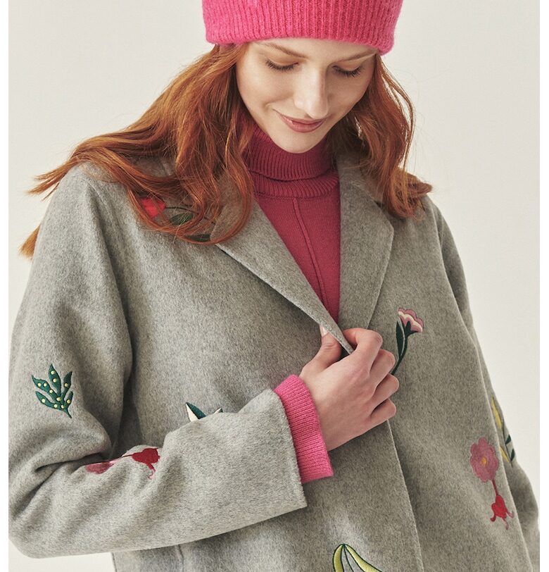 Палто с вълна с бродерия - Зелен/Светло сив/Розово Tatuum