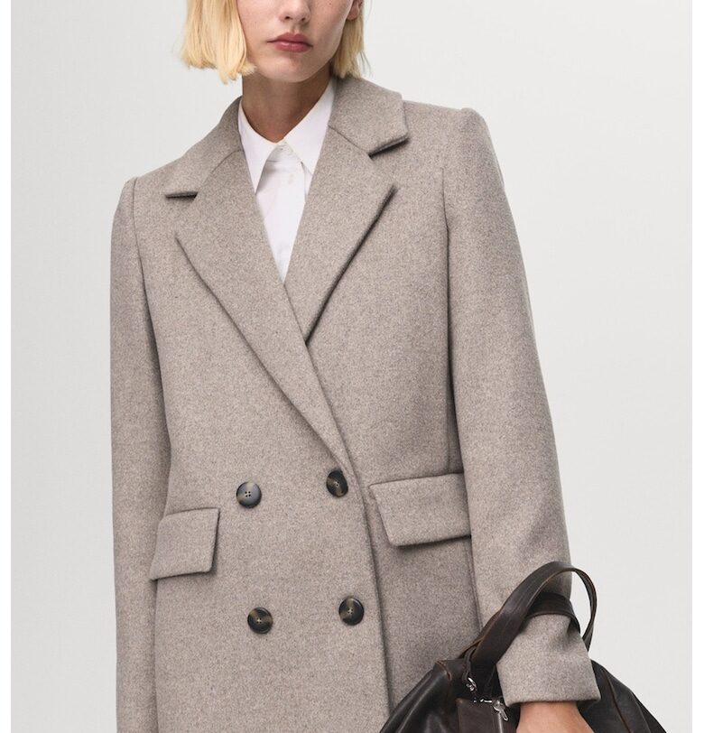 Палто с вълна с двуредно закопчаване - Сиво-бежов Mango