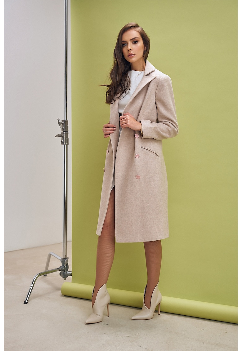 Палто с вълна с двуредно закопчаване и раздвоен ревер - Бежов AVENUE No29