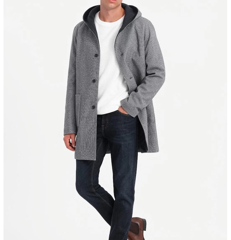 Палто с вълна с качулка - Сив OMBRE