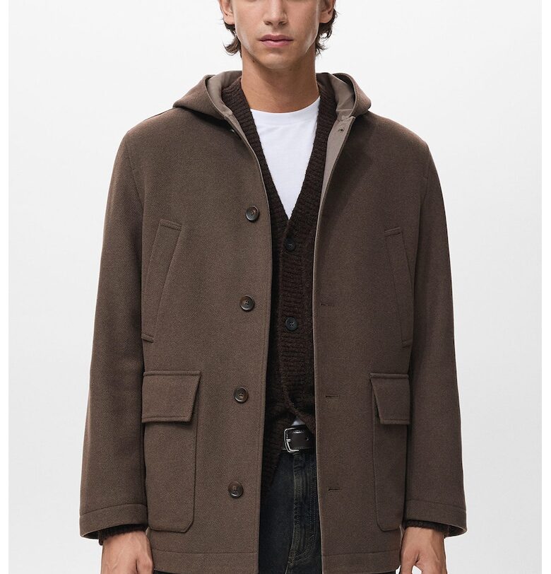 Палто с вълна с качулка - Тъмнокафяв Mango