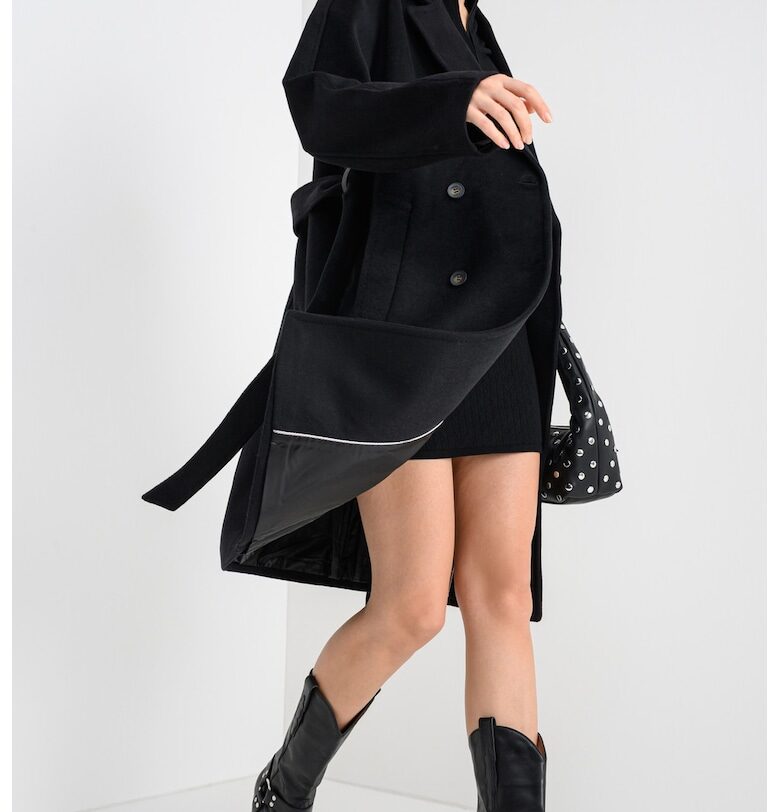 Палто с вълна със застъпен дизайн - Черен DKNY