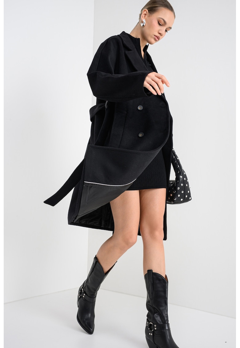 Палто с вълна със застъпен дизайн - Черен DKNY