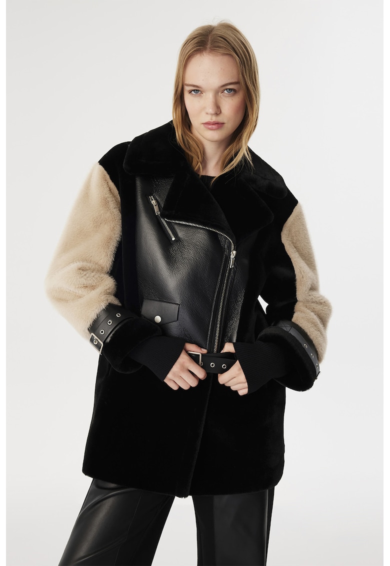 Палто с еко кожа - Черен TWIST