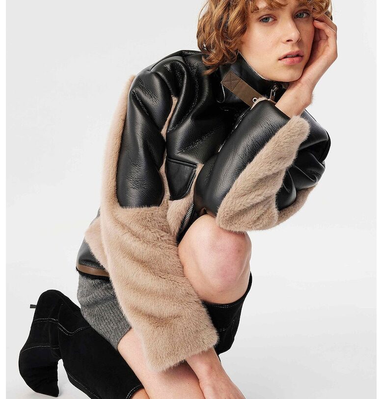 Палто с еко пух - Черен/Светло бежово TWIST