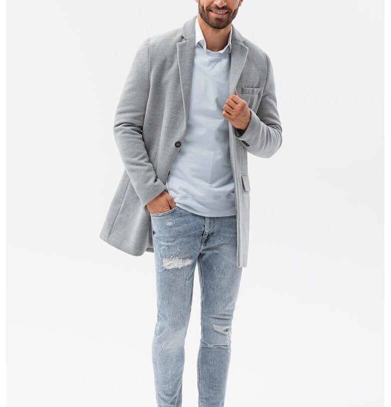 Палто с раздвоен ревер и джобове - Пепеляво сиво OMBRE