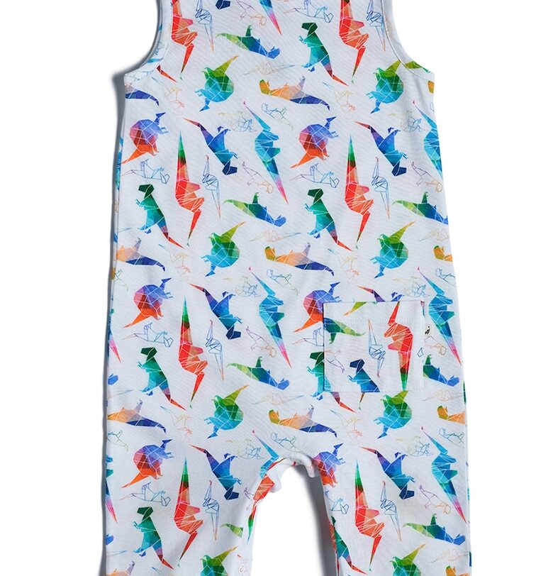 Памучен дълъг гащеризон с десен с динозавър - Бял/Оранжев/Син Naeve