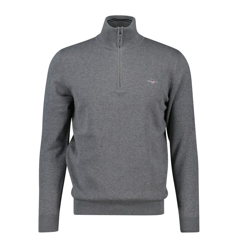 Памучен пуловер с къс цип - Сив Gant