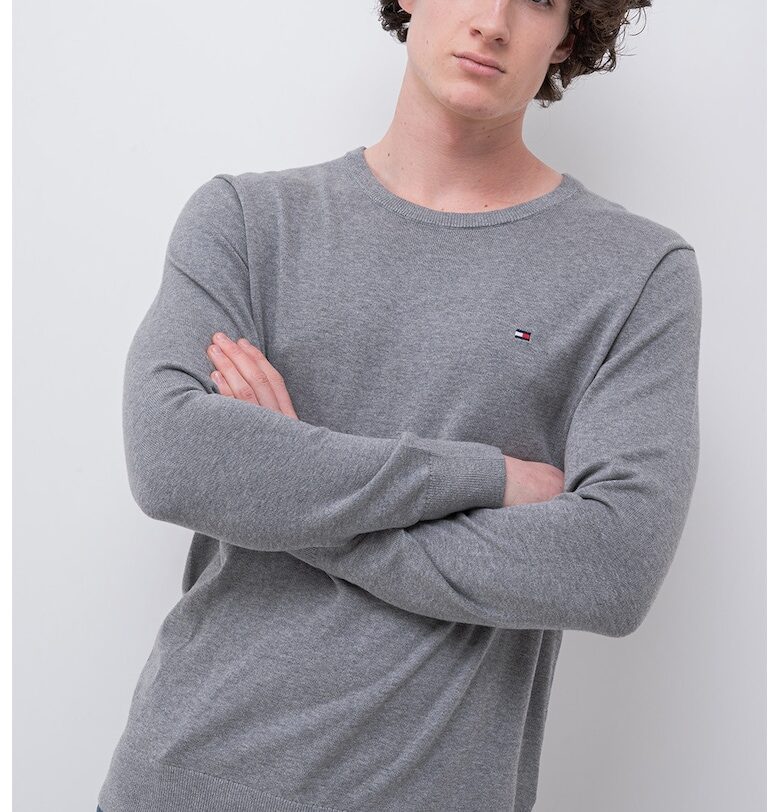 Памучен пуловер с овално деколте - Сив меланж Tommy Hilfiger