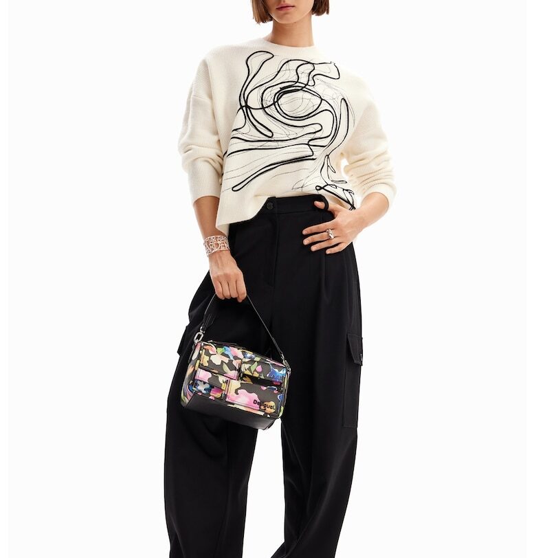 Памучен пуловер с паднали ръкави - Избеляло черно/Мръснобял DESIGUAL