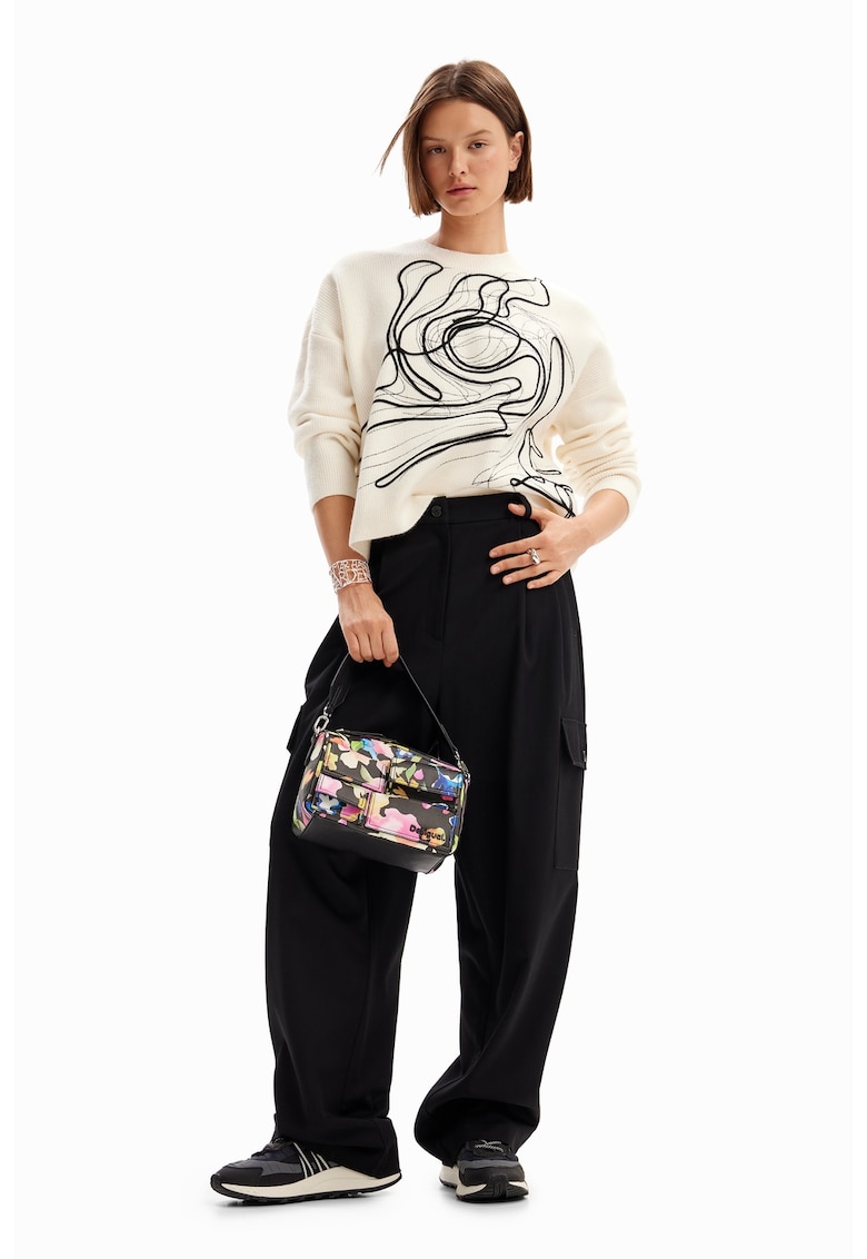 Памучен пуловер с паднали ръкави - Избеляло черно/Мръснобял DESIGUAL