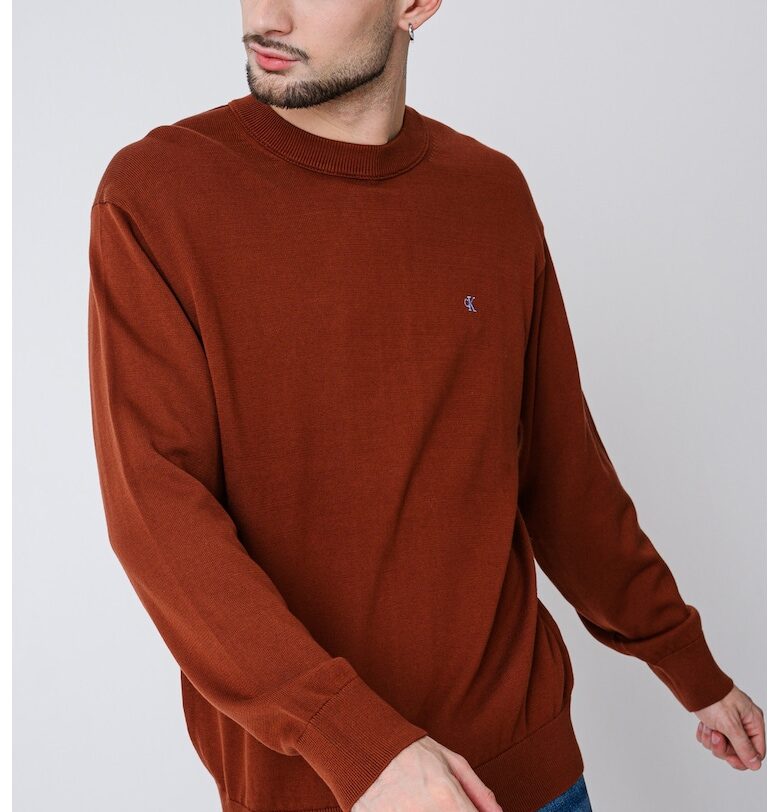 Памучен суитчърт с овално деколте - Кафяв CALVIN KLEIN JEANS